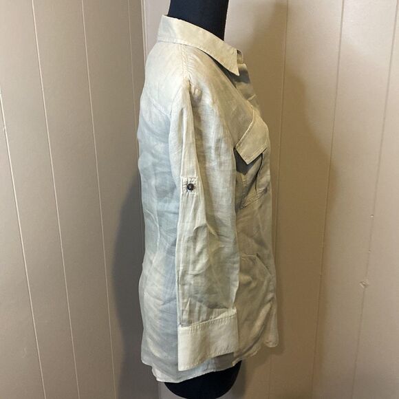 Theory Women’s Small Linen Blend Button Up Shirt Barley Roll Tab Sleeves Dervan - Picture 3 of 7